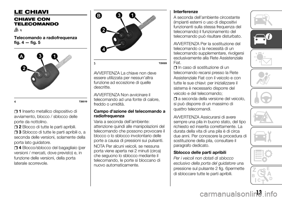 FIAT TALENTO 2018 Libretto Uso Manutenzione (in Italian) LE CHIAVI
CHIAVE CON
TELECOMANDO
1)
Telecomando a radiofrequenza
fig. 4 — fig. 5
1Inserto metallico dispositivo di
avviamento, blocco / sblocco delle
porte da nottolino.
2Blocco di tutte le parti ap FIAT TALENTO 2018 Libretto Uso Manutenzione (in Italian) LE CHIAVI
CHIAVE CON
TELECOMANDO
1)
Telecomando a radiofrequenza
fig. 4 — fig. 5
1Inserto metallico dispositivo di
avviamento, blocco / sblocco delle
porte da nottolino.
2Blocco di tutte le parti ap