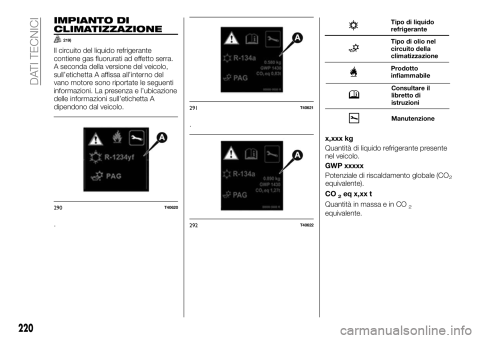 FIAT TALENTO 2018  Libretto Uso Manutenzione (in Italian) IMPIANTO DI
CLIMATIZZAZIONE
219)
Il circuito del liquido refrigerante
contiene gas fluorurati ad effetto serra.
A seconda della versione del veicolo,
sull’etichetta A affissa all’interno del
vano 
