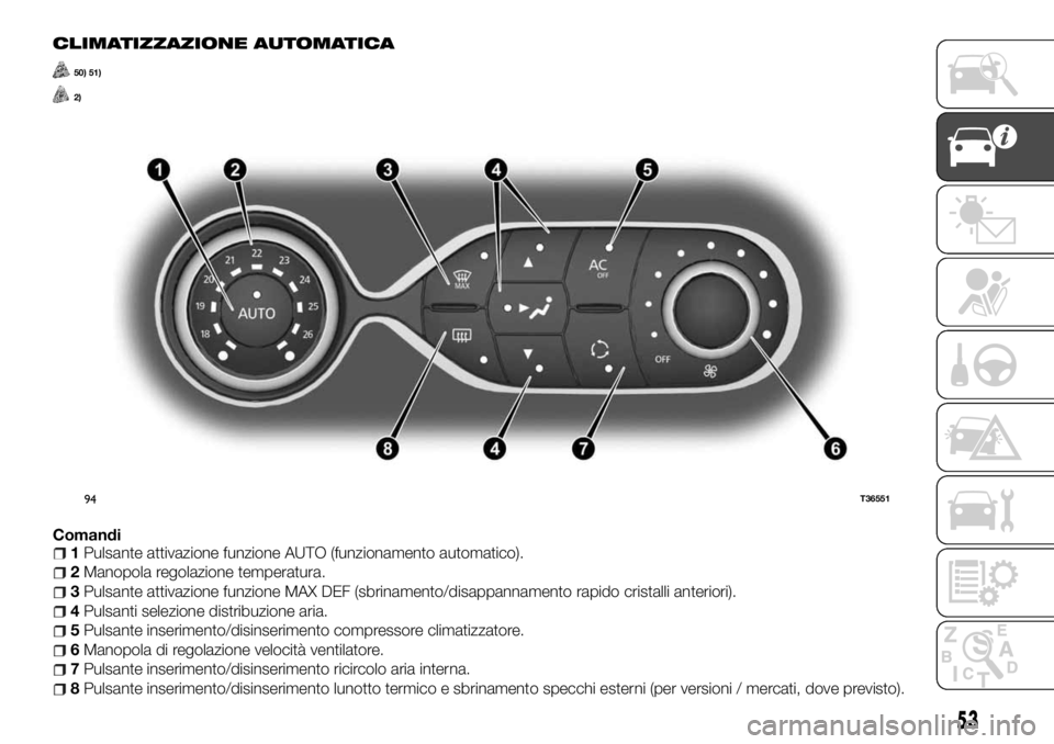 FIAT TALENTO 2018  Libretto Uso Manutenzione (in Italian) CLIMATIZZAZIONE AUTOMATICA
50) 51)
2)
Comandi1Pulsante attivazione funzione AUTO (funzionamento automatico).
2Manopola regolazione temperatura.
3Pulsante attivazione funzione MAX DEF (sbrinamento/disa