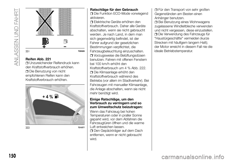 FIAT TALENTO 2018  Betriebsanleitung (in German) Reifen Abb. 221Unzureichender Reifendruck kann
den Kraftstoffverbrauch erhöhen.
Die Benutzung von nicht
empfohlenen Reifen kann den
Kraftstoffverbrauch erhöhen.Ratschläge für den Gebrauch
Die Funk