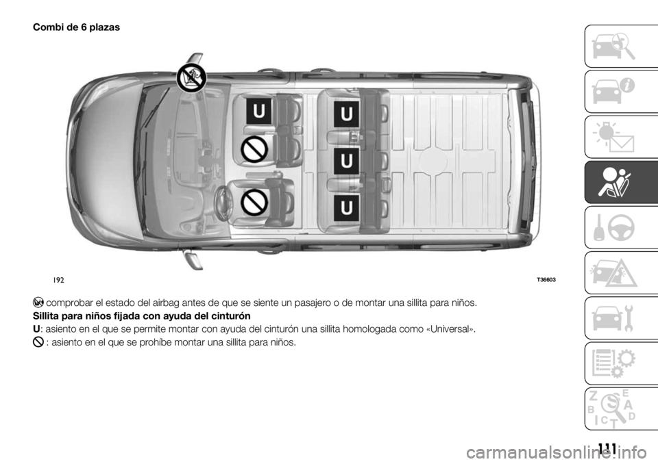 FIAT TALENTO 2018  Manual de Empleo y Cuidado (in Spanish) Combi de 6 plazas
comprobar el estado del airbag antes de que se siente un pasajero o de montar una sillita para niños.
Sillita para niños fijada con ayuda del cinturón
U: asiento en el que se perm