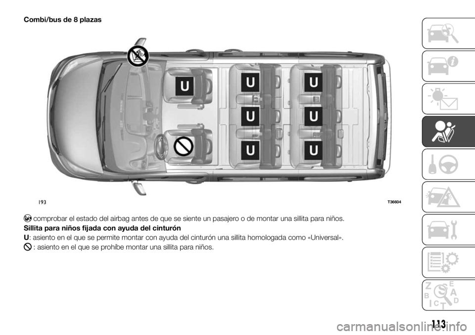 FIAT TALENTO 2018  Manual de Empleo y Cuidado (in Spanish) Combi/bus de 8 plazas
comprobar el estado del airbag antes de que se siente un pasajero o de montar una sillita para niños.
Sillita para niños fijada con ayuda del cinturón
U: asiento en el que se 