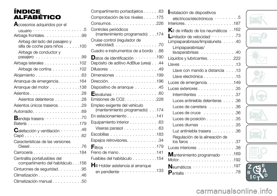 FIAT TALENTO 2018 Manual de Empleo y Cuidado (in Spanish) ÍNDICE
ALFABÉTICO
Accesorios adquiridos por el
usuario...................5
Airbags frontales..............99
Airbag del lado del pasajero y
silla de coche para niños......100
Airbags de conductor y FIAT TALENTO 2018 Manual de Empleo y Cuidado (in Spanish) ÍNDICE
ALFABÉTICO
Accesorios adquiridos por el
usuario...................5
Airbags frontales..............99
Airbag del lado del pasajero y
silla de coche para niños......100
Airbags de conductor y