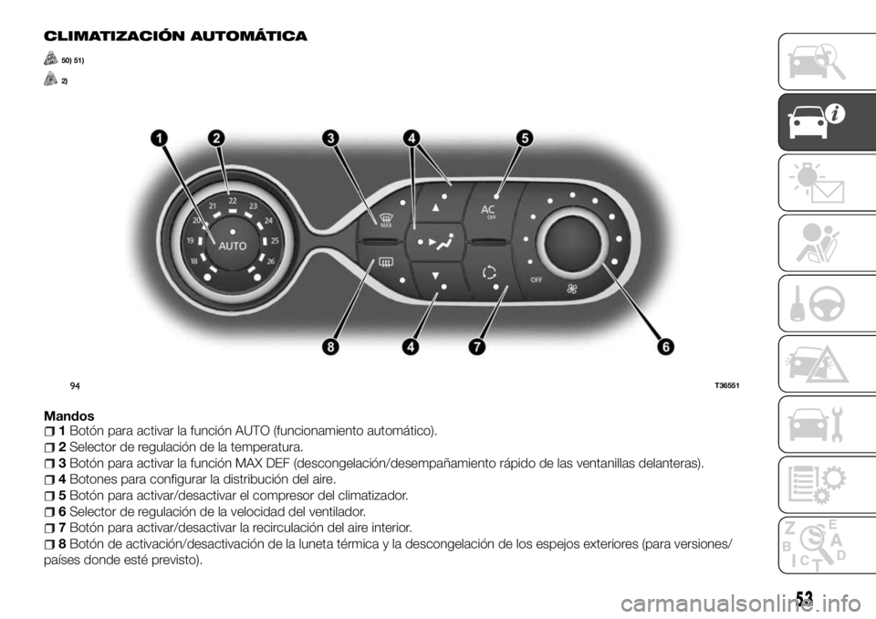 FIAT TALENTO 2018  Manual de Empleo y Cuidado (in Spanish) CLIMATIZACIÓN AUTOMÁTICA
50) 51)
2)
Mandos1Botón para activar la función AUTO (funcionamiento automático).
2Selector de regulación de la temperatura.
3Botón para activar la función MAX DEF (de
