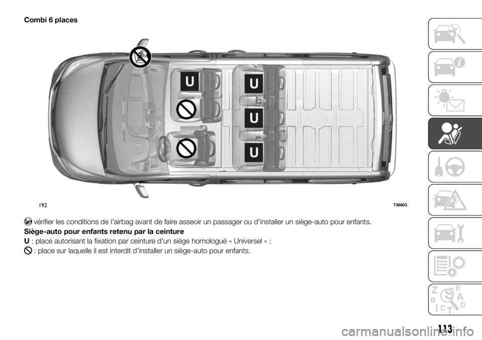 FIAT TALENTO 2018  Notice dentretien (in French) Combi 6 places
vérifier les conditions de l’airbag avant de faire asseoir un passager ou d'installer un siège-auto pour enfants.
Siège-auto pour enfants retenu par la ceinture
U: place autori