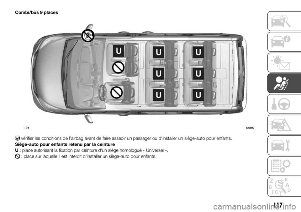 FIAT TALENTO 2018  Notice dentretien (in French) Combi/bus 9 places
vérifier les conditions de l’airbag avant de faire asseoir un passager ou d'installer un siège-auto pour enfants.
Siège-auto pour enfants retenu par la ceinture
U: place au