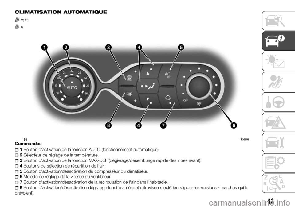 FIAT TALENTO 2018  Notice dentretien (in French) CLIMATISATION AUTOMATIQUE
50) 51)
2)
Commandes
1Bouton d'activation de la fonction AUTO (fonctionnement automatique).
2Sélecteur de réglage de la température.
3Bouton d'activation de la fon