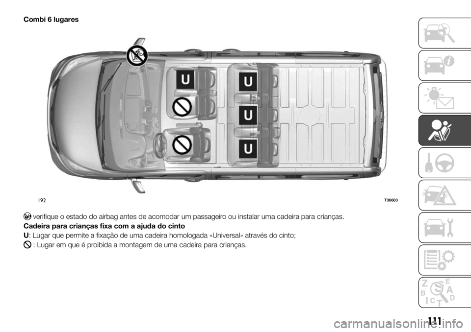 FIAT TALENTO 2018  Manual de Uso e Manutenção (in Portuguese) Combi 6 lugares
verifique o estado do airbag antes de acomodar um passageiro ou instalar uma cadeira para crianças.
Cadeira para crianças fixa com a ajuda do cinto
U: Lugar que permite a fixação d