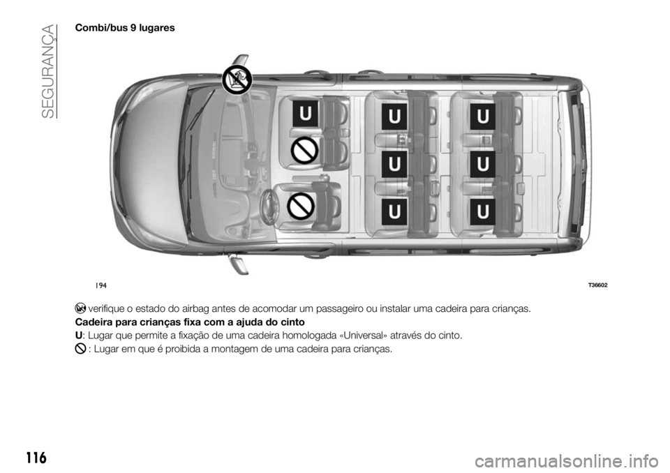FIAT TALENTO 2018  Manual de Uso e Manutenção (in Portuguese) Combi/bus 9 lugares
verifique o estado do airbag antes de acomodar um passageiro ou instalar uma cadeira para crianças.
Cadeira para crianças fixa com a ajuda do cinto
U: Lugar que permite a fixaç