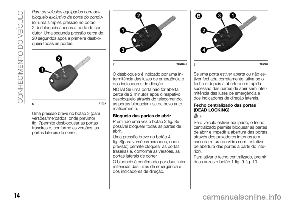 FIAT TALENTO 2018  Manual de Uso e Manutenção (in Portuguese) Para os veículos equipados com des-
bloqueio exclusivo da porta do condu-
toruma simples pressão no botão
2 desbloqueia apenas a porta do con-
dutor. Uma segunda pressão cerca de
20 segundos após