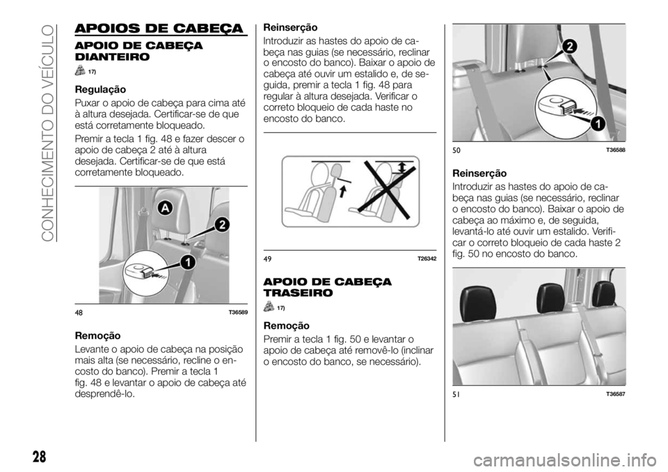 FIAT TALENTO 2018  Manual de Uso e Manutenção (in Portuguese) APOIOS DE CABEÇA
APOIO DE CABEÇA
DIANTEIRO
17)
Regulação
Puxar o apoio de cabeça para cima até
à altura desejada. Certificar-se de que
está corretamente bloqueado.
Premir a tecla 1 fig. 48 e f