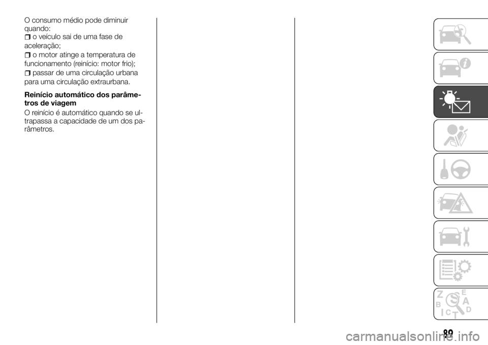FIAT TALENTO 2018  Manual de Uso e Manutenção (in Portuguese) O consumo médio pode diminuir
quando:
o veículo sai de uma fase de
aceleração;
o motor atinge a temperatura de
funcionamento (reinício: motor frio);
passar de uma circulação urbana
para uma cir