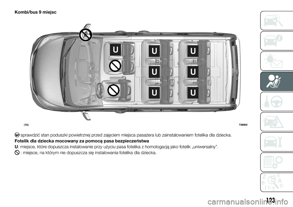 FIAT TALENTO 2018  Instrukcja obsługi (in Polish) Kombi/bus 9 miejsc
sprawdzić stan poduszki powietrznej przed zajęciem miejsca pasażera lub zainstalowaniem fotelika dla dziecka.
Fotelik dla dziecka mocowany za pomocą pasa bezpieczeństwa
U: miej