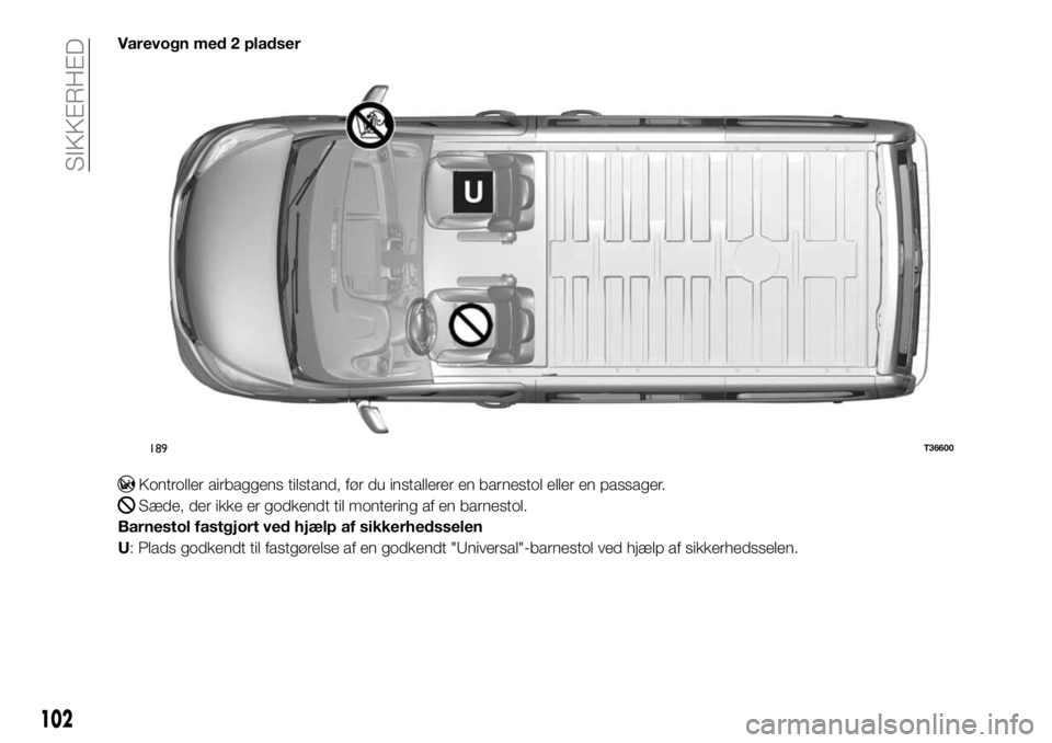FIAT TALENTO 2017  Brugs- og vedligeholdelsesvejledning (in Danish) Varevogn med 2 pladser
Kontroller airbaggens tilstand, før du installerer en barnestol eller en passager.
Sæde, der ikke er godkendt til montering af en barnestol.
Barnestol fastgjort ved hjælp af 