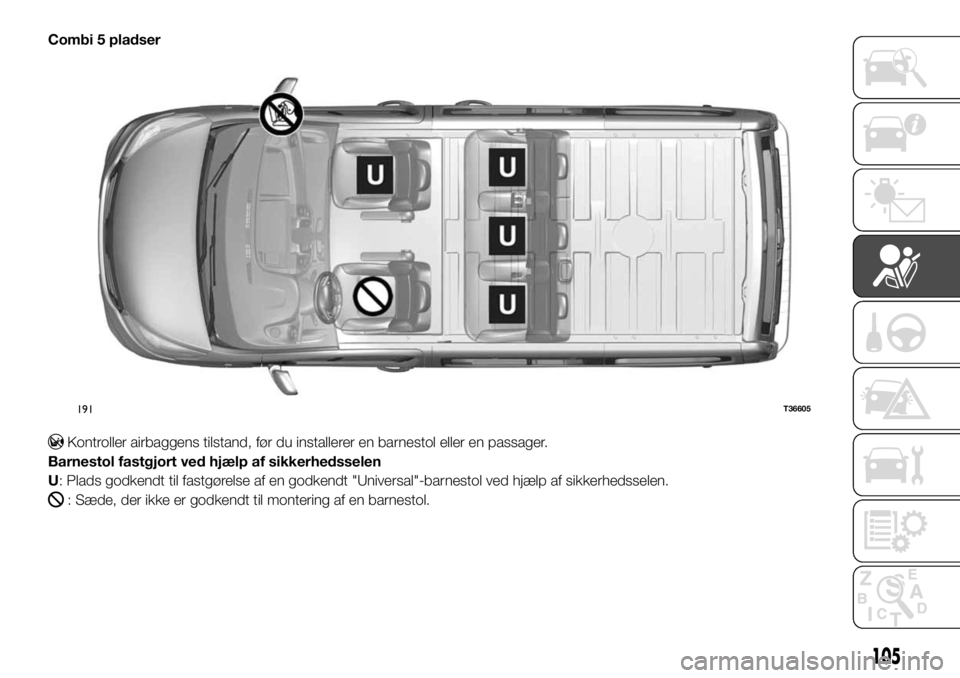 FIAT TALENTO 2017  Brugs- og vedligeholdelsesvejledning (in Danish) Combi 5 pladser
Kontroller airbaggens tilstand, før du installerer en barnestol eller en passager.
Barnestol fastgjort ved hjælp af sikkerhedsselen
U: Plads godkendt til fastgørelse af en godkendt 