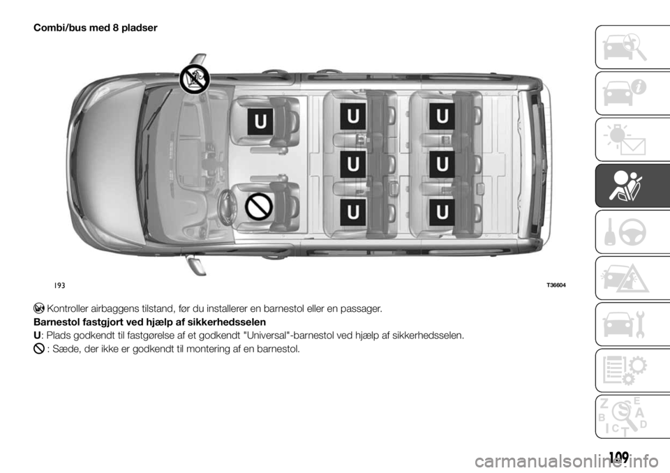 FIAT TALENTO 2017  Brugs- og vedligeholdelsesvejledning (in Danish) Combi/bus med 8 pladser
Kontroller airbaggens tilstand, før du installerer en barnestol eller en passager.
Barnestol fastgjort ved hjælp af sikkerhedsselen
U: Plads godkendt til fastgørelse af et g
