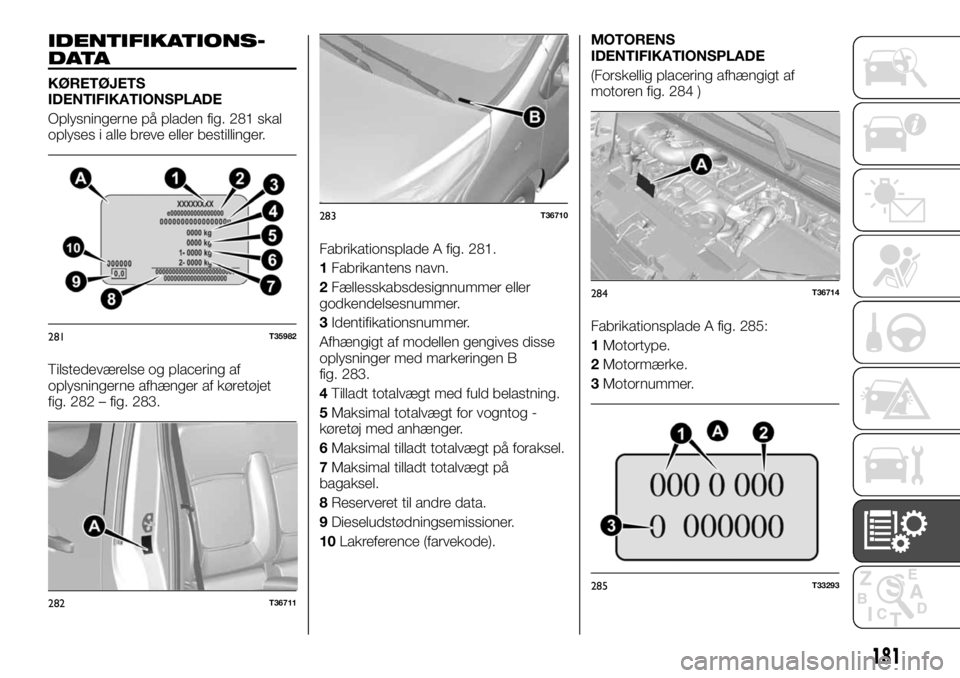 FIAT TALENTO 2017  Brugs- og vedligeholdelsesvejledning (in Danish) IDENTIFIKATIONS-
DATA
KØRETØJETS
IDENTIFIKATIONSPLADE
Oplysningerne på pladen fig. 281 skal
oplyses i alle breve eller bestillinger.
Tilstedeværelse og placering af
oplysningerne afhænger af kør