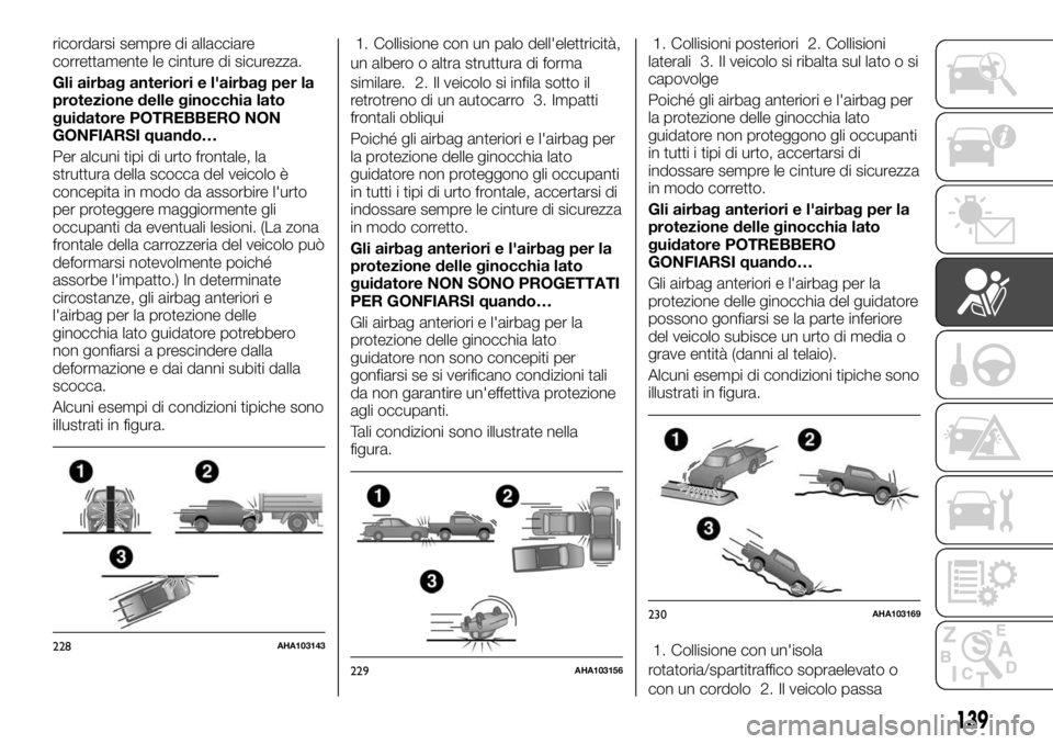 FIAT FULLBACK 2017  Libretto Uso Manutenzione (in Italian) ricordarsi sempre di allacciare
correttamente le cinture di sicurezza.
Gli airbag anteriori e l'airbag per la
protezione delle ginocchia lato
guidatore POTREBBERO NON
GONFIARSI quando…
Per alcun