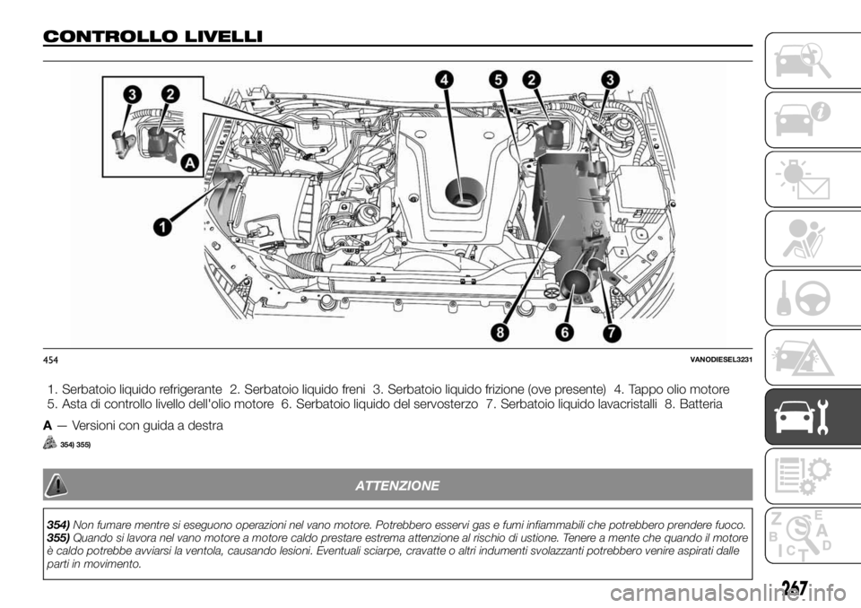 FIAT FULLBACK 2017  Libretto Uso Manutenzione (in Italian) CONTROLLO LIVELLI
1. Serbatoio liquido refrigerante 2. Serbatoio liquido freni 3. Serbatoio liquido frizione (ove presente) 4. Tappo olio motore
5. Asta di controllo livello dell'olio motore 6. Se