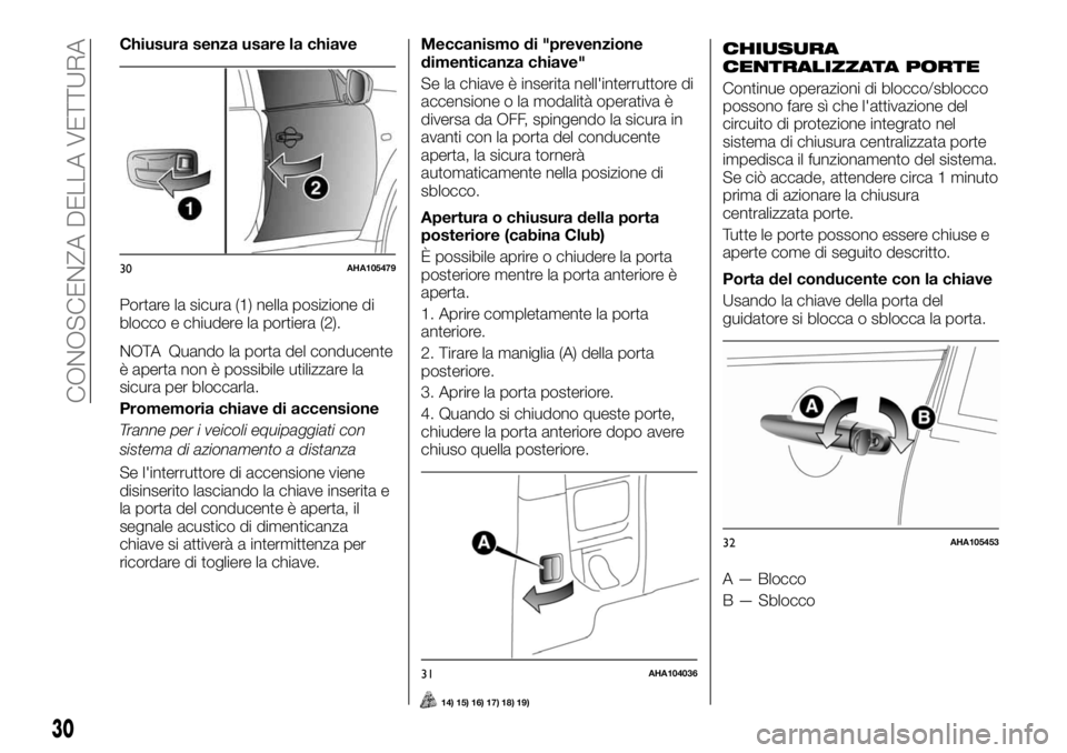 FIAT FULLBACK 2017 Libretto Uso Manutenzione (in Italian) Chiusura senza usare la chiave
Portare la sicura (1) nella posizione di
blocco e chiudere la portiera (2).
NOTA Quando la porta del conducente
è aperta non è possibile utilizzare la
sicura per blocc FIAT FULLBACK 2017 Libretto Uso Manutenzione (in Italian) Chiusura senza usare la chiave
Portare la sicura (1) nella posizione di
blocco e chiudere la portiera (2).
NOTA Quando la porta del conducente
è aperta non è possibile utilizzare la
sicura per blocc