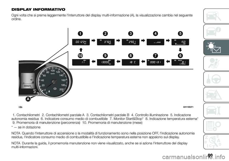 FIAT FULLBACK 2018  Libretto Uso Manutenzione (in Italian) DISPLAY INFORMATIVO
Ogni volta che si preme leggermente l'interruttore del display multi-informazione (A), la visualizzazione cambia nel seguente
ordine.
1. Contachilometri 2. Contachilometri parz
