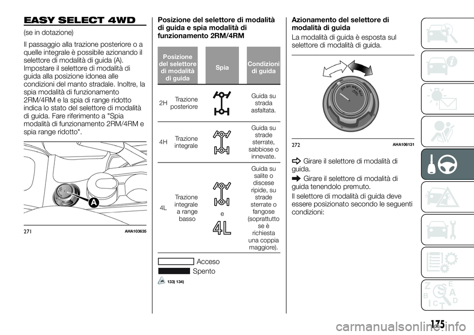 FIAT FULLBACK 2018  Libretto Uso Manutenzione (in Italian) EASY SELECT 4WD
(se in dotazione)
Il passaggio alla trazione posteriore o a
quelle integrale è possibile azionando il
selettore di modalità di guida (A).
Impostare il selettore di modalità di
guida