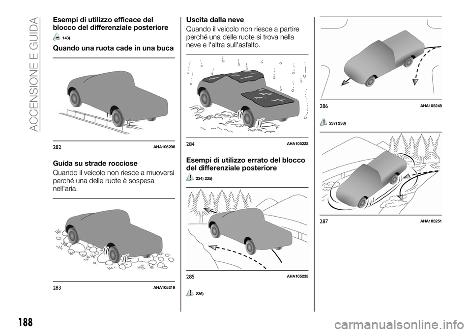 FIAT FULLBACK 2018  Libretto Uso Manutenzione (in Italian) Esempi di utilizzo efficace del
blocco del differenziale posteriore
143)
Quando una ruota cade in una buca
Guida su strade rocciose
Quando il veicolo non riesce a muoversi
perché una delle ruote è s