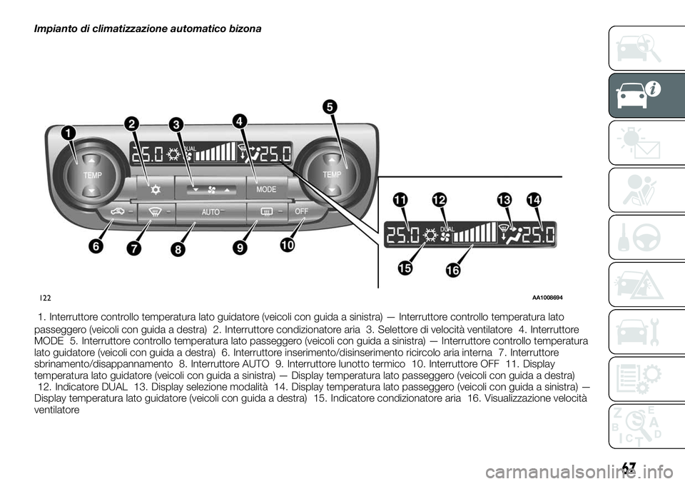 FIAT FULLBACK 2018  Libretto Uso Manutenzione (in Italian) Impianto di climatizzazione automatico bizona
1. Interruttore controllo temperatura lato guidatore (veicoli con guida a sinistra) — Interruttore controllo temperatura lato
passeggero (veicoli con gu