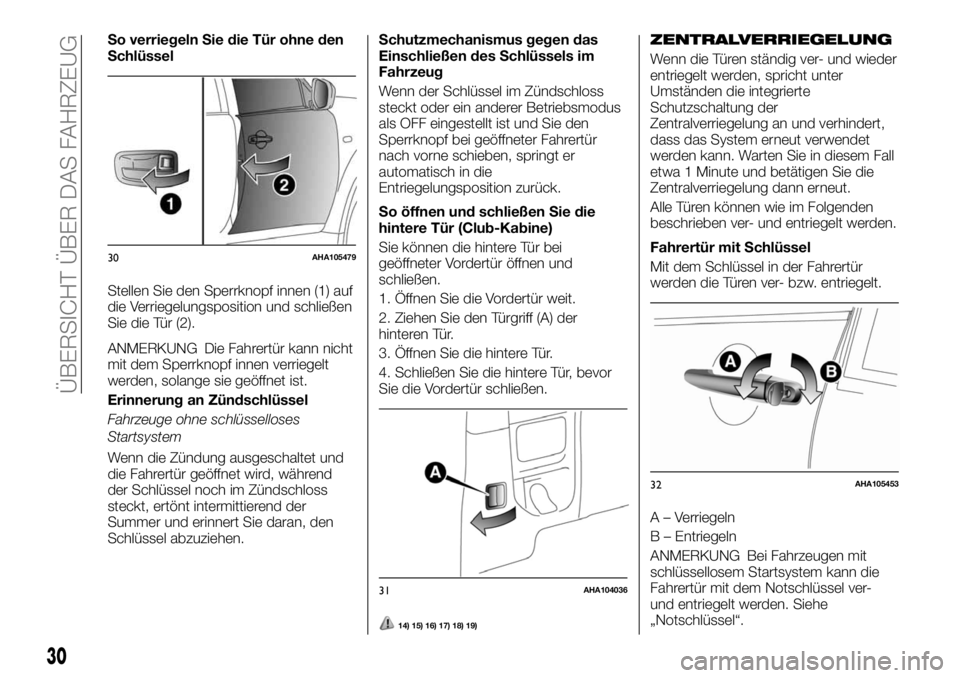 FIAT FULLBACK 2017  Betriebsanleitung (in German) So verriegeln Sie die Tür ohne den
Schlüssel
Stellen Sie den Sperrknopf innen (1) auf
die Verriegelungsposition und schließen
Sie die Tür (2).
ANMERKUNG Die Fahrertür kann nicht
mit dem Sperrknop