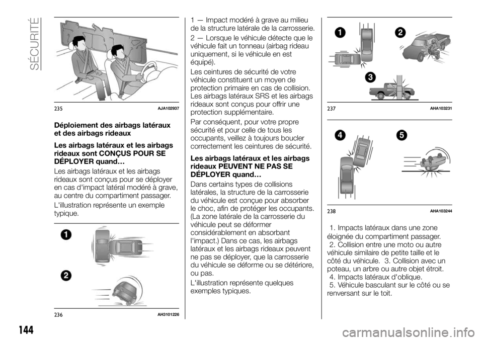FIAT FULLBACK 2017  Notice dentretien (in French) Déploiement des airbags latéraux
et des airbags rideaux
Les airbags latéraux et les airbags
rideaux sont CONÇUS POUR SE
DÉPLOYER quand…
Les airbags latéraux et les airbags
rideaux sont conçus