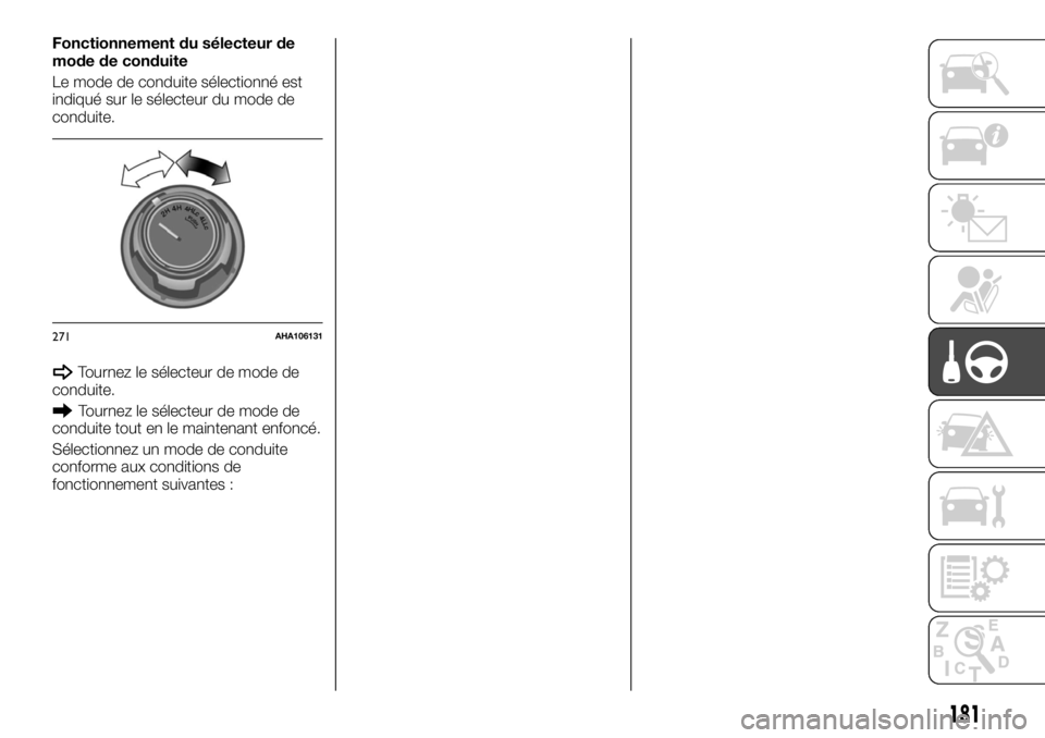 FIAT FULLBACK 2017  Notice dentretien (in French) Fonctionnement du sélecteur de
mode de conduite
Le mode de conduite sélectionné est
indiqué sur le sélecteur du mode de
conduite.
Tournez le sélecteur de mode de
conduite.
Tournez le sélecteur 