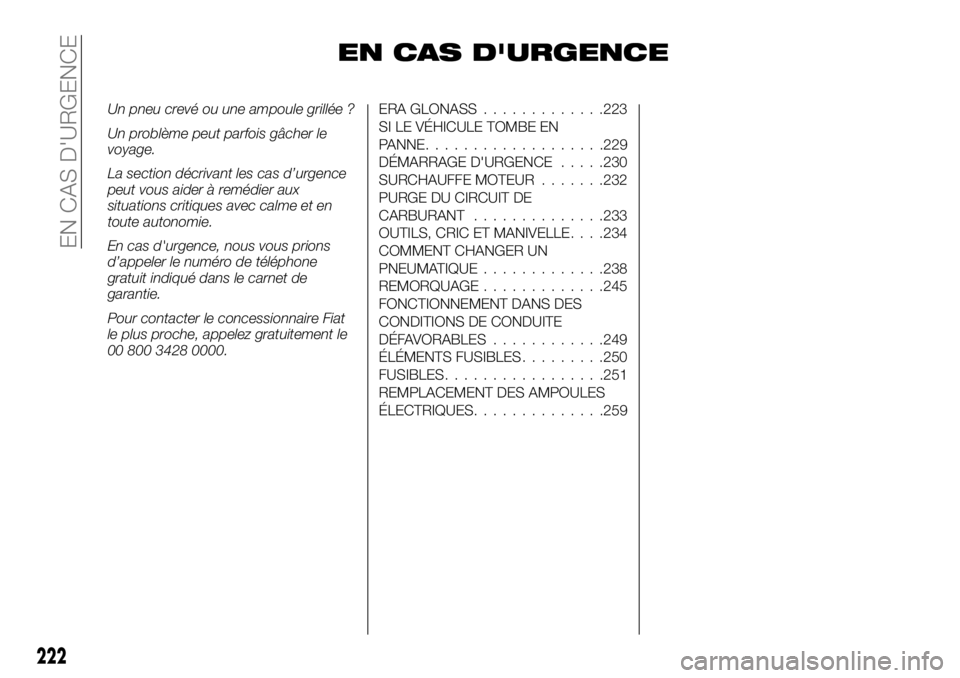 FIAT FULLBACK 2017  Notice dentretien (in French) EN CAS D'URGENCE
Un pneu crevé ou une ampoule grillée ?
Un problème peut parfois gâcher le
voyage.
La section décrivant les cas d’urgence
peut vous aider à remédier aux
situations critiqu