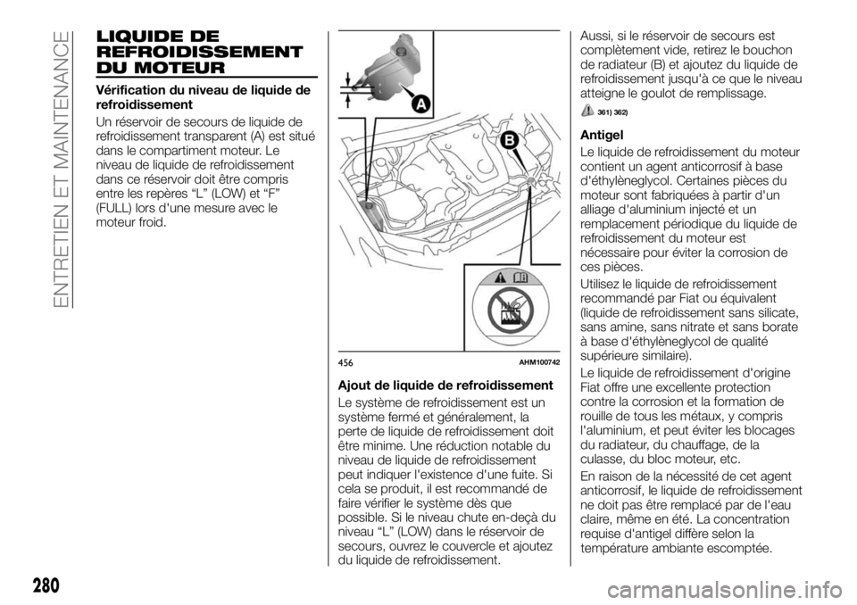 FIAT FULLBACK 2017  Notice dentretien (in French) LIQUIDE DE
REFROIDISSEMENT
DU MOTEUR
Vérification du niveau de liquide de
refroidissement
Un réservoir de secours de liquide de
refroidissement transparent (A) est situé
dans le compartiment moteur