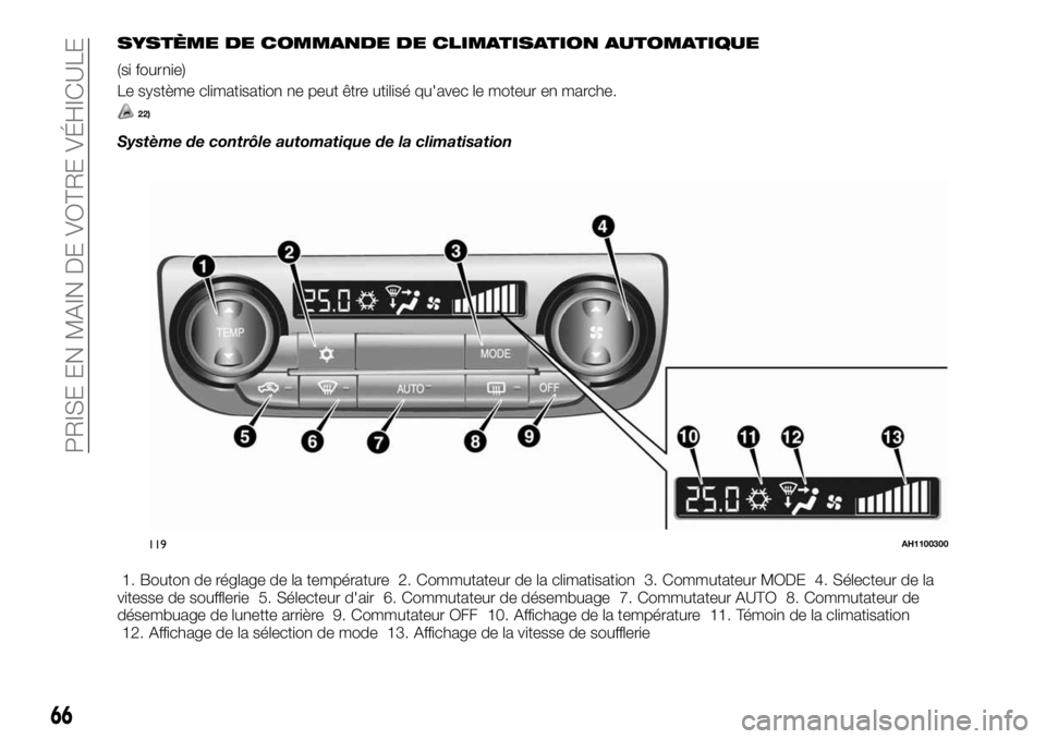 FIAT FULLBACK 2017  Notice dentretien (in French) SYSTÈME DE COMMANDE DE CLIMATISATION AUTOMATIQUE
(si fournie)
Le système climatisation ne peut être utilisé qu'avec le moteur en marche.
22)
Système de contrôle automatique de la climatisati