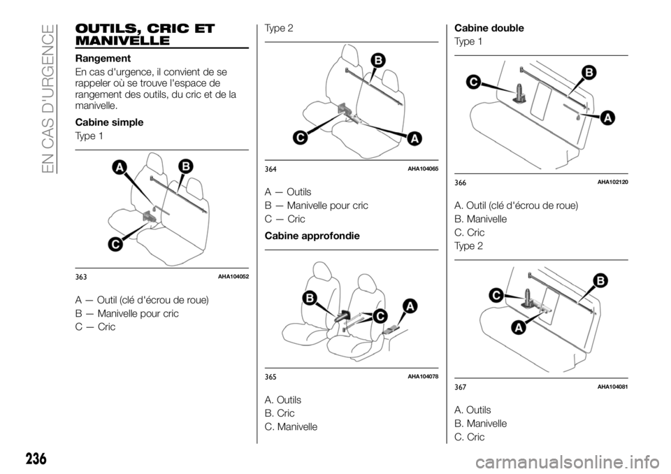 FIAT FULLBACK 2018  Notice dentretien (in French) OUTILS, CRIC ET
MANIVELLE
Rangement
En cas d'urgence, il convient de se
rappeler où se trouve l'espace de
rangement des outils, du cric et de la
manivelle.
Cabine simple
Type 1
A — Outil (c