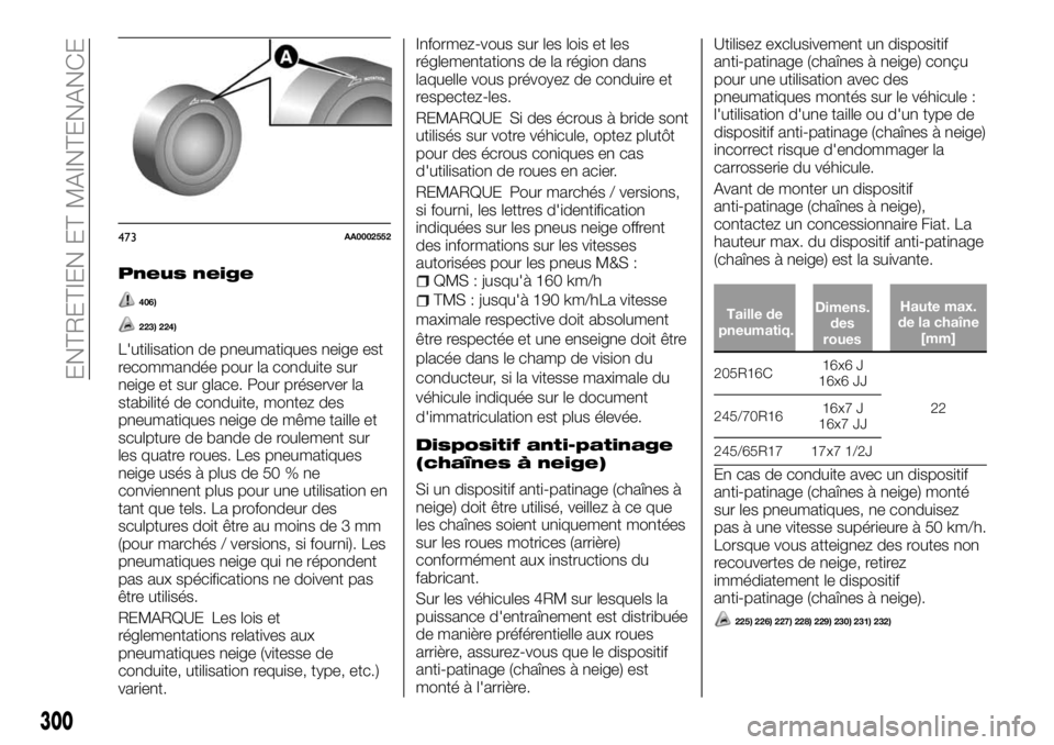 FIAT FULLBACK 2018 Notice dentretien (in French) Pneus neige
406)
223) 224)
L'utilisation de pneumatiques neige est
recommandée pour la conduite sur
neige et sur glace. Pour préserver la
stabilité de conduite, montez des
pneumatiques neige de FIAT FULLBACK 2018 Notice dentretien (in French) Pneus neige
406)
223) 224)
L'utilisation de pneumatiques neige est
recommandée pour la conduite sur
neige et sur glace. Pour préserver la
stabilité de conduite, montez des
pneumatiques neige de
