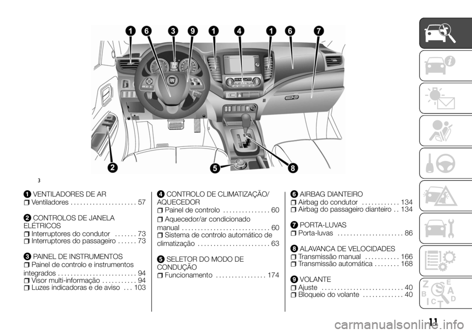 FIAT FULLBACK 2017  Manual de Uso e Manutenção (in Portuguese) VENTILADORES DE ARVentiladores..................... 57
CONTROLOS DE JANELA
ELÉTRICOS
Interruptores do condutor....... 73Interruptores do passageiro...... 73
PAINEL DE INSTRUMENTOSPainel de controlo e