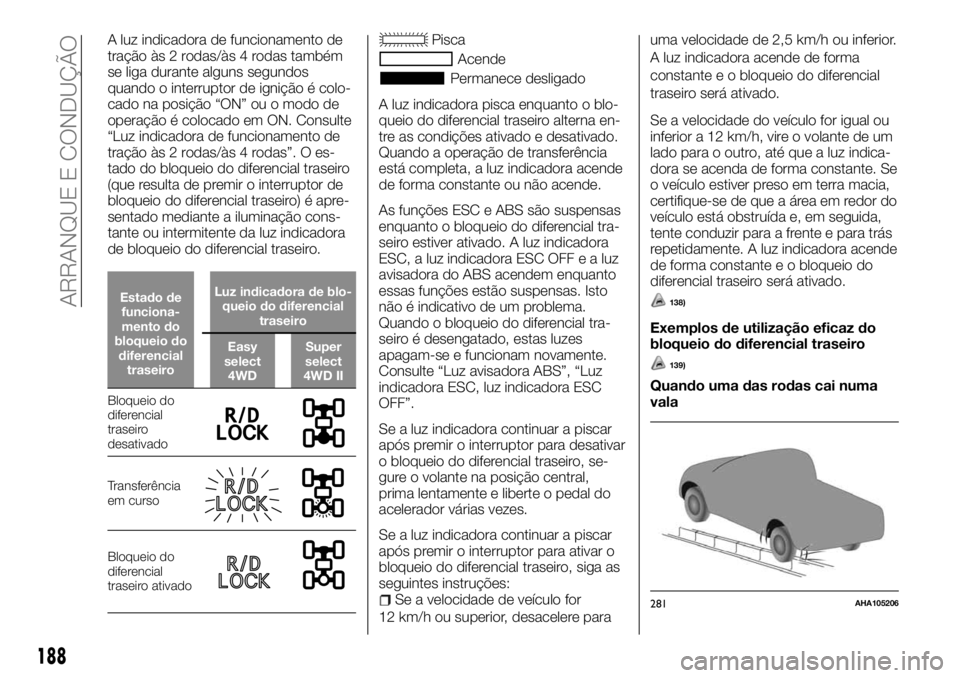 FIAT FULLBACK 2017  Manual de Uso e Manutenção (in Portuguese) A luz indicadora de funcionamento de
tração às 2 rodas/às 4 rodas também
se liga durante alguns segundos
quando o interruptor de ignição é colo-
cado na posição “ON” ou o modo de
operaç