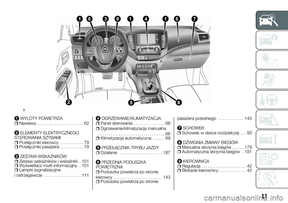 FIAT FULLBACK 2018  Instrukcja obsługi (in Polish) WYLOTY POWIETRZANawiewy........................ 62
ELEMENTY ELEKTRYCZNEGO
STEROWANIA SZYBAMI
Przełączniki kierowcy............ 79Przełączniki pasażera............ 79
ZESTAW WSKAŹNIKÓWZestaw wsk