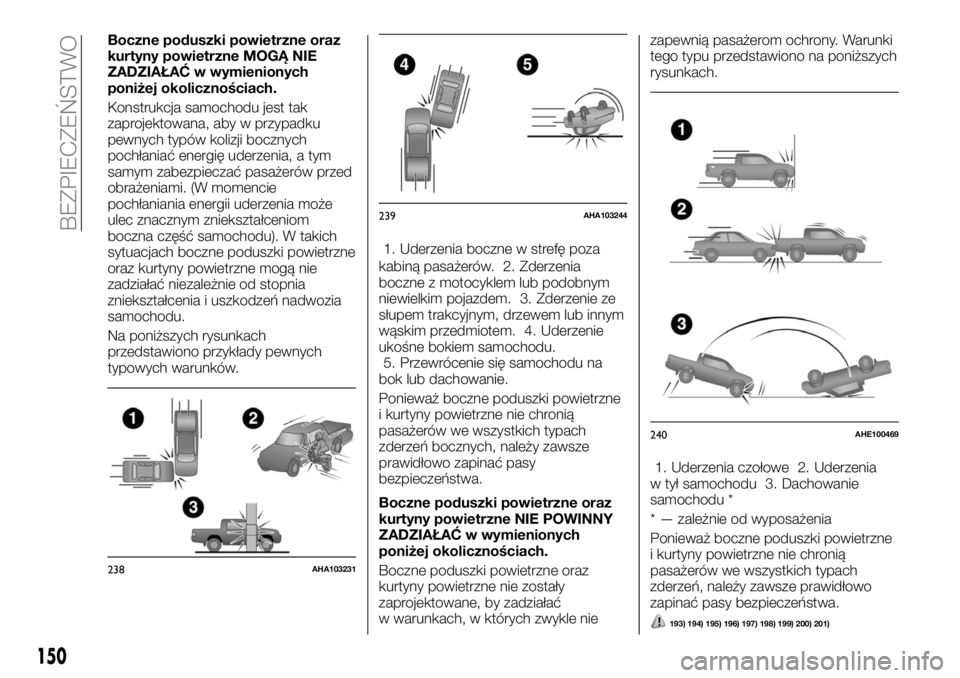 FIAT FULLBACK 2018 Instrukcja obsługi (in Polish) Boczne poduszki powietrzne oraz
kurtyny powietrzne MOGĄ NIE
ZADZIAŁAĆ w wymienionych
poniżej okolicznościach.
Konstrukcja samochodu jest tak
zaprojektowana, aby w przypadku
pewnych typów kolizji FIAT FULLBACK 2018 Instrukcja obsługi (in Polish) Boczne poduszki powietrzne oraz
kurtyny powietrzne MOGĄ NIE
ZADZIAŁAĆ w wymienionych
poniżej okolicznościach.
Konstrukcja samochodu jest tak
zaprojektowana, aby w przypadku
pewnych typów kolizji