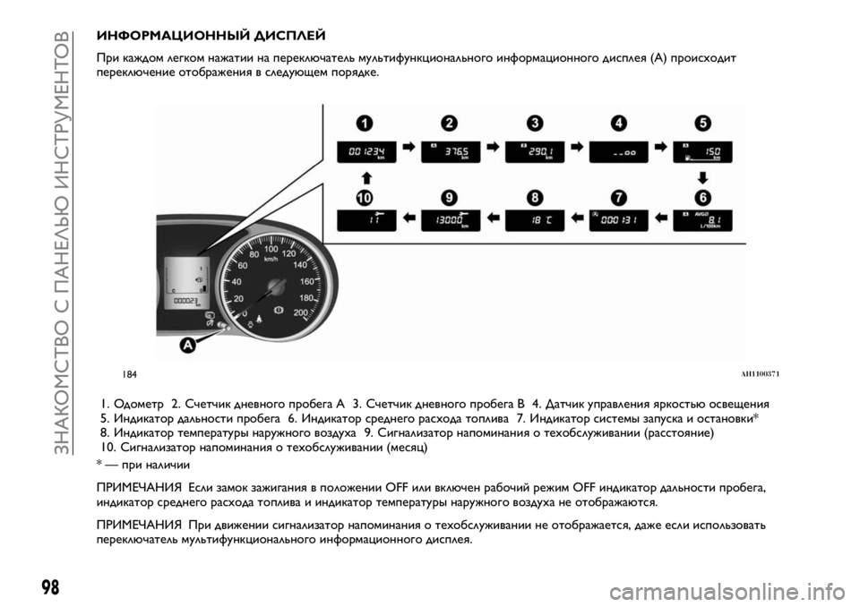 FIAT FULLBACK 2017  Руководство по эксплуатации и техобслуживанию (in Russian) ИНФОРМАЦИОННЫЙ ДИСПЛЕЙ
При каждом легком нажатии на переключатель мультифункционального информационного д