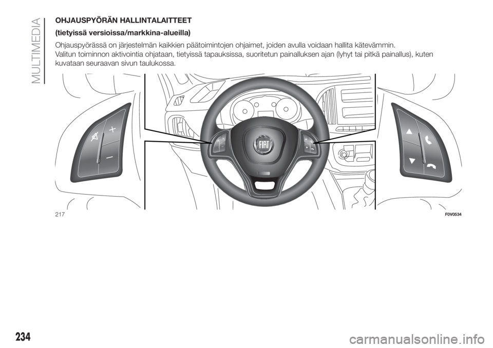 FIAT DOBLO COMBI 2018  Käyttö- ja huolto-ohjekirja (in in Finnish) OHJAUSPYÖRÄN HALLINTALAITTEET
(tietyissä versioissa/markkina-alueilla)
Ohjauspyörässä on järjestelmän kaikkien päätoimintojen ohjaimet, joiden avulla voidaan hallita kätevämmin.
Valitun to
