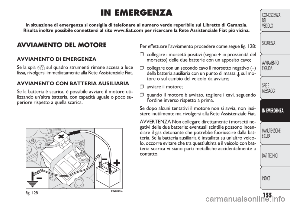 FIAT DOBLO COMBI 2011  Libretto Uso Manutenzione (in Italian) 155
CONOSCENZA
DEL 
VEICOLO
SICUREZZA
AVVIAMENTO
E GUIDA
SPIE E
MESSAGGI
IN EMERGENZA
MANUTENZIONE
E CURA
DATI TECNICI
INDICE
F0V0147mfig. 128
AVVIAMENTO DEL MOTORE
AVVIAMENTO DI EMERGENZA
Se la spia 
