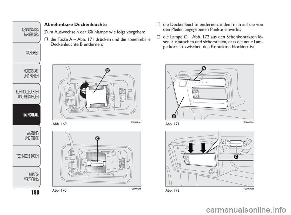 FIAT DOBLO COMBI 2009  Betriebsanleitung (in German) 180
F0V0072mAbb. 170


F0V0176mAbb. 171
❒die Deckenleuchte entfernen, indem man auf die von
den Pfeilen angegebenen Punkte einwirkt;
❒die Lampe C – Abb. 172 aus den Seitenkontakten lö-
sen,