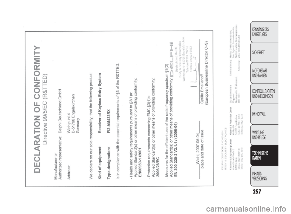 FIAT DOBLO COMBI 2009  Betriebsanleitung (in German) 257
KENNTNIS DES 
FAHRZEUGES
SICHERHEIT
MOTORSTART 
UND FAHREN
KONTROLLLEUCHTEN
UND MELDUNGEN
IM NOTFALL
WA R T U N G  
UND PFLEGE
TECHNISCHE 
DATEN
INHALTS-
VERZEICHNIS
219-260 DOBLO LUM DE 2e  27-05