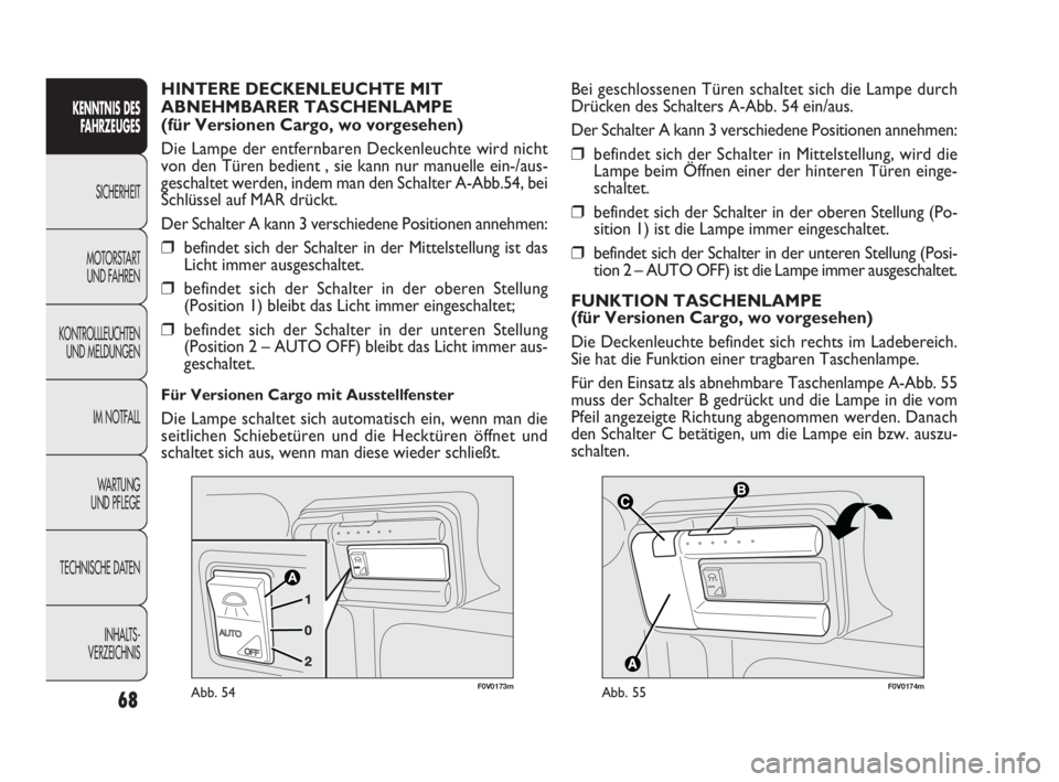 FIAT DOBLO COMBI 2009 Betriebsanleitung (in German) 68
KENNTNIS DES
FAHRZEUGES
SICHERHEIT
MOTORSTART
UND FAHREN
KONTROLLLEUCHTEN
UND MELDUNGEN
IM NOTFALL
WA R T U N G
UND PFLEGE
TECHNISCHE DATEN
INHALTS-
VERZEICHNIS
F0V0174mAbb. 55
Bei geschlo FIAT DOBLO COMBI 2009 Betriebsanleitung (in German) 68
KENNTNIS DES
FAHRZEUGES
SICHERHEIT
MOTORSTART
UND FAHREN
KONTROLLLEUCHTEN
UND MELDUNGEN
IM NOTFALL
WA R T U N G
UND PFLEGE
TECHNISCHE DATEN
INHALTS-
VERZEICHNIS
F0V0174mAbb. 55
Bei geschlo