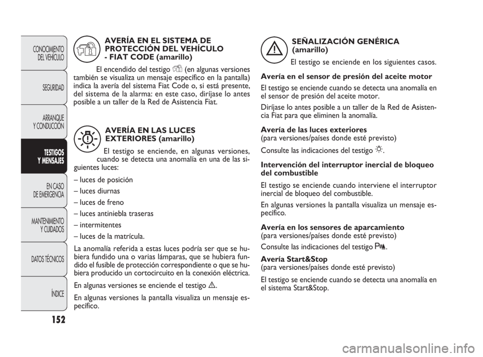 FIAT DOBLO COMBI 2009  Manual de Empleo y Cuidado (in Spanish) 152
CONOCIMIENTO 
DEL VEHÍCULO
SEGURIDAD
ARRANQUE 
Y CONDUCCIÓN
TESTIGOS 
Y MENSAJES
EN CASO 
DE EMERGENCIA
MANTENIMIENTO 
Y CUIDADOS
DATOS TÉCNICOS
ÍNDICE
AVERÍA EN LAS LUCES 
EXTERIORES (amaril