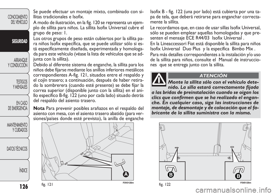FIAT DOBLO COMBI 2011 Manual de Empleo y Cuidado (in Spanish) 126
F0V0128mfig. 121F0V0129mfig. 122
CONOCIMIENTO
DEL VEHÍCULO
SEGURIDAD
ARRANQUE
Y CONDUCCIÓN
TESTIGOS
Y MENSAJES
EN CASO
DE EMERGENCIA
MANTENIMIENTO
Y CUIDADOS
DATOS TÉCNICOS
ÍNDICE
Se puede ef FIAT DOBLO COMBI 2011 Manual de Empleo y Cuidado (in Spanish) 126
F0V0128mfig. 121F0V0129mfig. 122
CONOCIMIENTO
DEL VEHÍCULO
SEGURIDAD
ARRANQUE
Y CONDUCCIÓN
TESTIGOS
Y MENSAJES
EN CASO
DE EMERGENCIA
MANTENIMIENTO
Y CUIDADOS
DATOS TÉCNICOS
ÍNDICE
Se puede ef