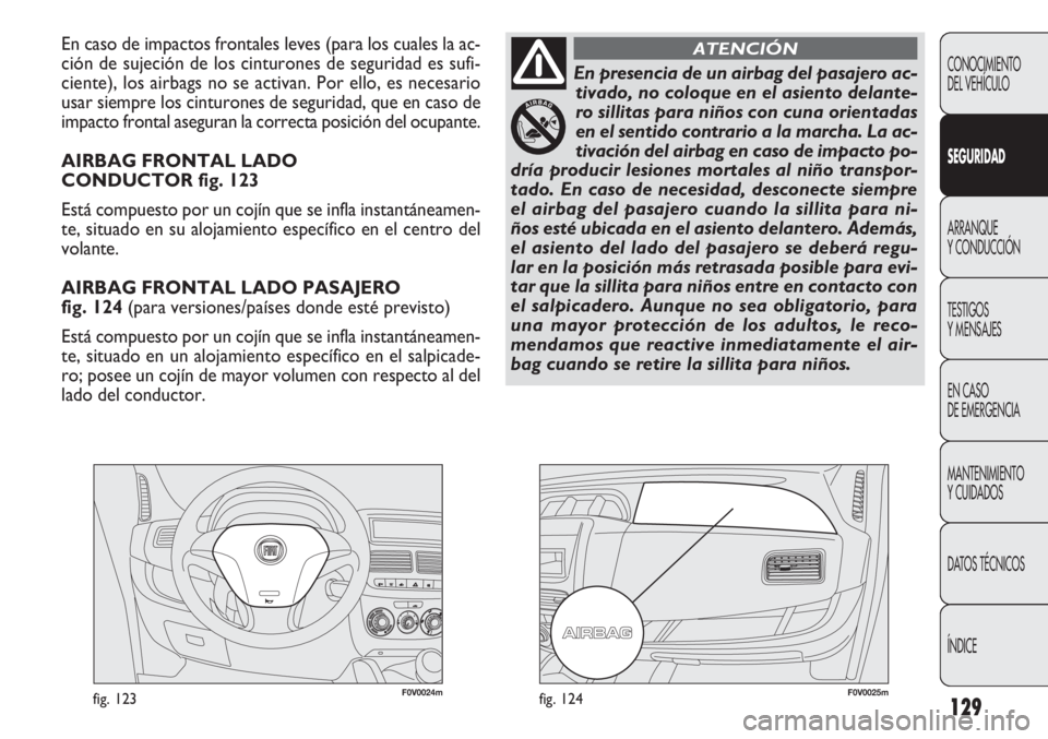 FIAT DOBLO COMBI 2011 Manual de Empleo y Cuidado (in Spanish) 129
F0V0024mfig. 123F0V0025mfig. 124
En caso de impactos frontales leves (para los cuales la ac-
ción de sujeción de los cinturones de seguridad es sufi-
ciente), los airbags no se activan. Por ello FIAT DOBLO COMBI 2011 Manual de Empleo y Cuidado (in Spanish) 129
F0V0024mfig. 123F0V0025mfig. 124
En caso de impactos frontales leves (para los cuales la ac-
ción de sujeción de los cinturones de seguridad es sufi-
ciente), los airbags no se activan. Por ello