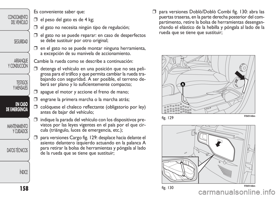 FIAT DOBLO COMBI 2011 Manual de Empleo y Cuidado (in Spanish) F0V0148mfig. 130
F0V0149mfig. 129
158
Es conveniente saber que:
❒el peso del gato es de 4 kg;
❒el gato no necesita ningún tipo de regulación;
❒el gato no se puede reparar: en caso de desperfec FIAT DOBLO COMBI 2011 Manual de Empleo y Cuidado (in Spanish) F0V0148mfig. 130
F0V0149mfig. 129
158
Es conveniente saber que:
❒el peso del gato es de 4 kg;
❒el gato no necesita ningún tipo de regulación;
❒el gato no se puede reparar: en caso de desperfec
